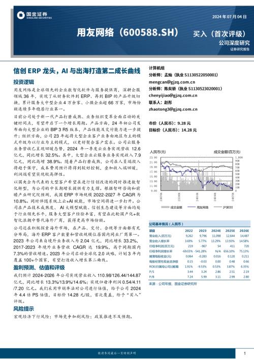 用友网络-公司研究报告-信创ERP龙头AI与出海打造第二成长曲线-240704（22页）