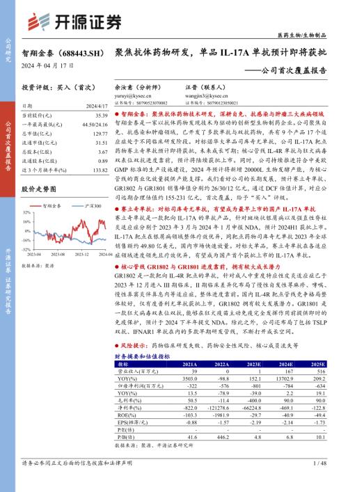 智翔金泰-公司首次覆盖报告:聚焦抗体药物研发单品IL~17A单抗预计即将获批-240417(48页)