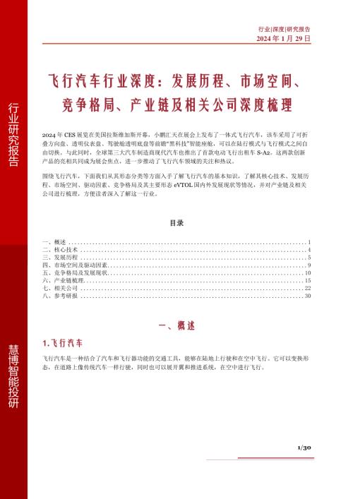 飞行汽车行业深度:发展历程、市场空间、竞争格局、产业链及相关公司深度梳理-240129(30页)