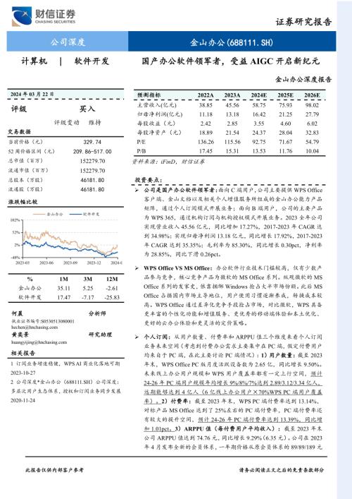 金山办公-公司深度报告：国产办公软件领军者受益AIGC开启新纪元-240322（39页）