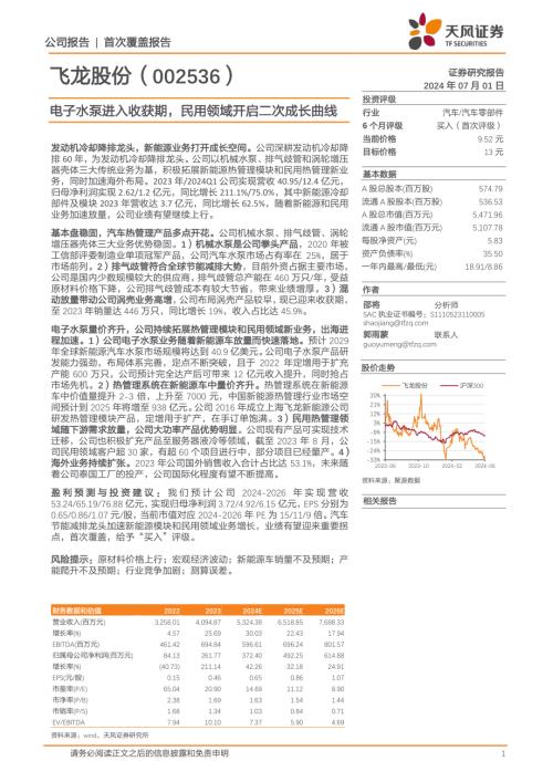 飞龙股份-公司研究报告-电子水泵进入收获期民用领域开启二次成长曲线-240701（29页）