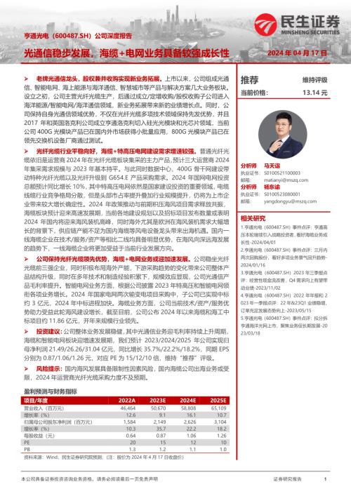 亨通光电-公司深度报告：光通信稳步发展海缆+电网业务具备较强成长性-240417（32页）
