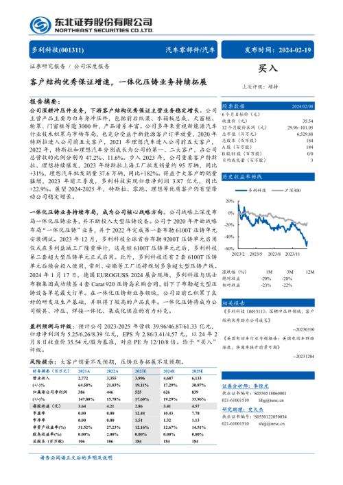多利科技-公司研究报告-客户结构优秀保证增速一体化压铸业务持续拓展-240219（33页）