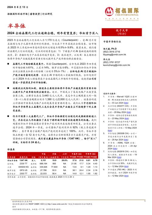 半导体行业：2024全球晶圆代工行业逐渐企稳明年有望复苏；华虹首予买入-240613（26页）