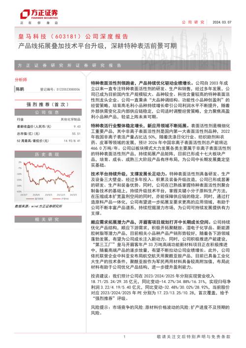 皇马科技-公司深度报告：产品线拓展叠加技术平台升级深耕特种表活前景可期-240307（31页）