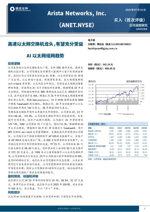 Arista NetworksInc.-美股公司研究报告-高速以太网交换机龙头有望充分受益AI以太网组网趋势-240723（21页）